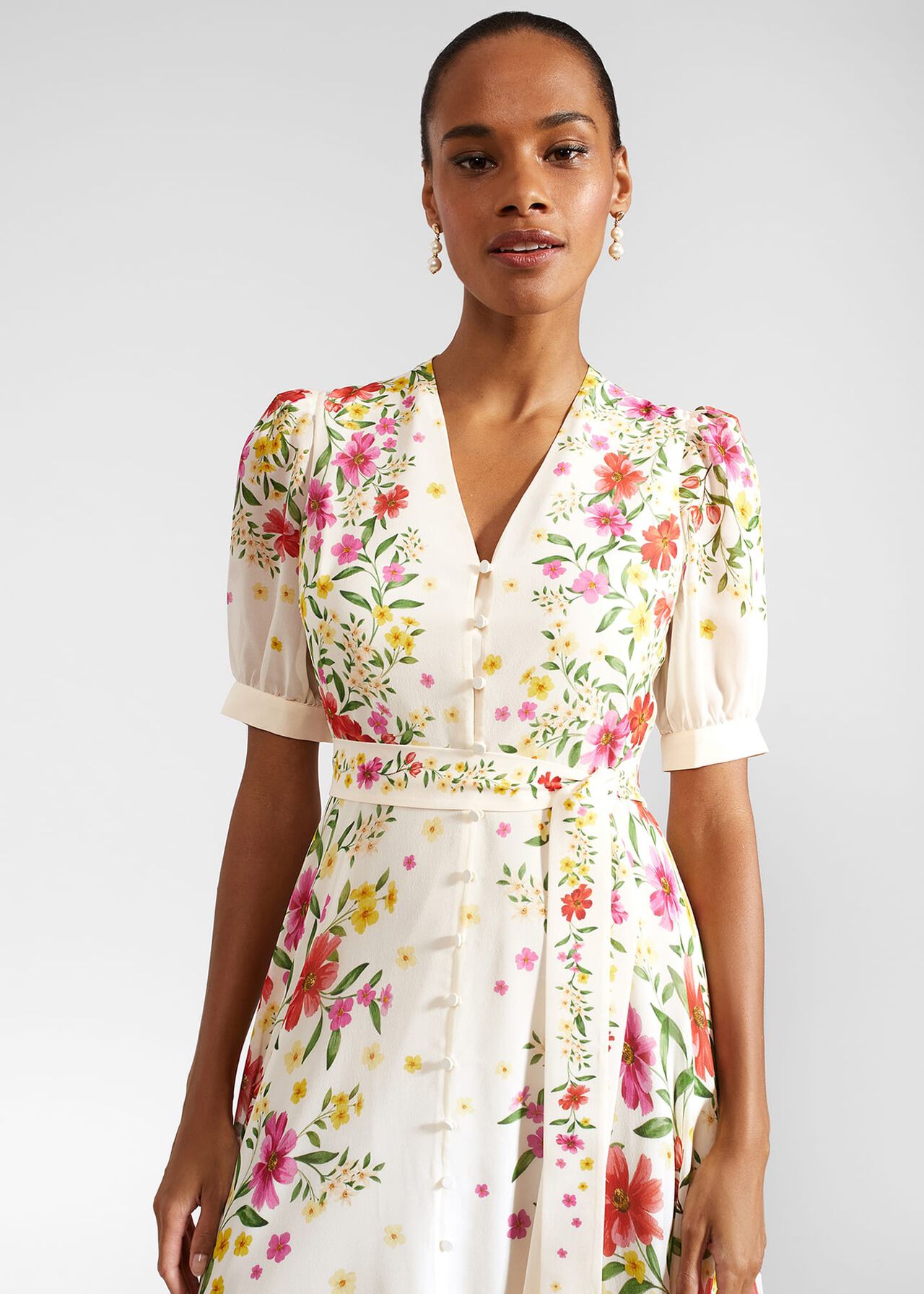 Aurelia Floral Silk Dress, Cream Multi, hi-res