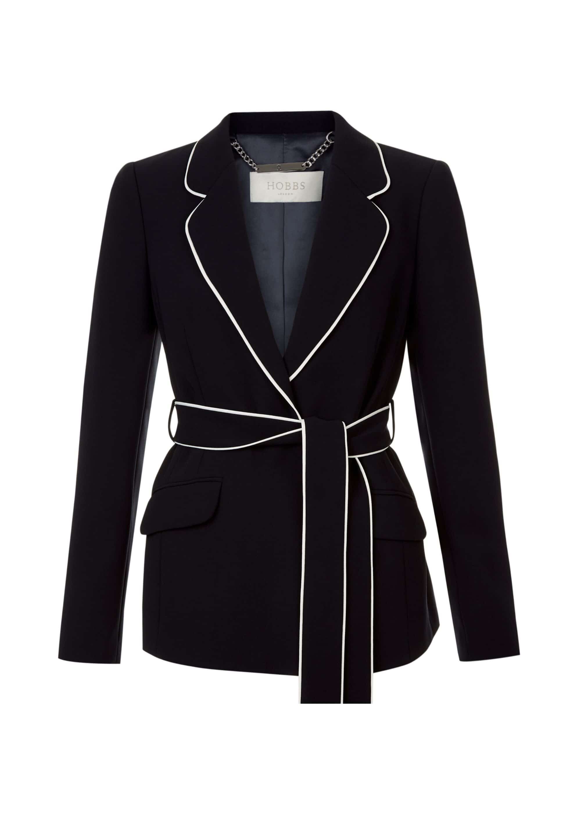hobbs navy coat with red piping