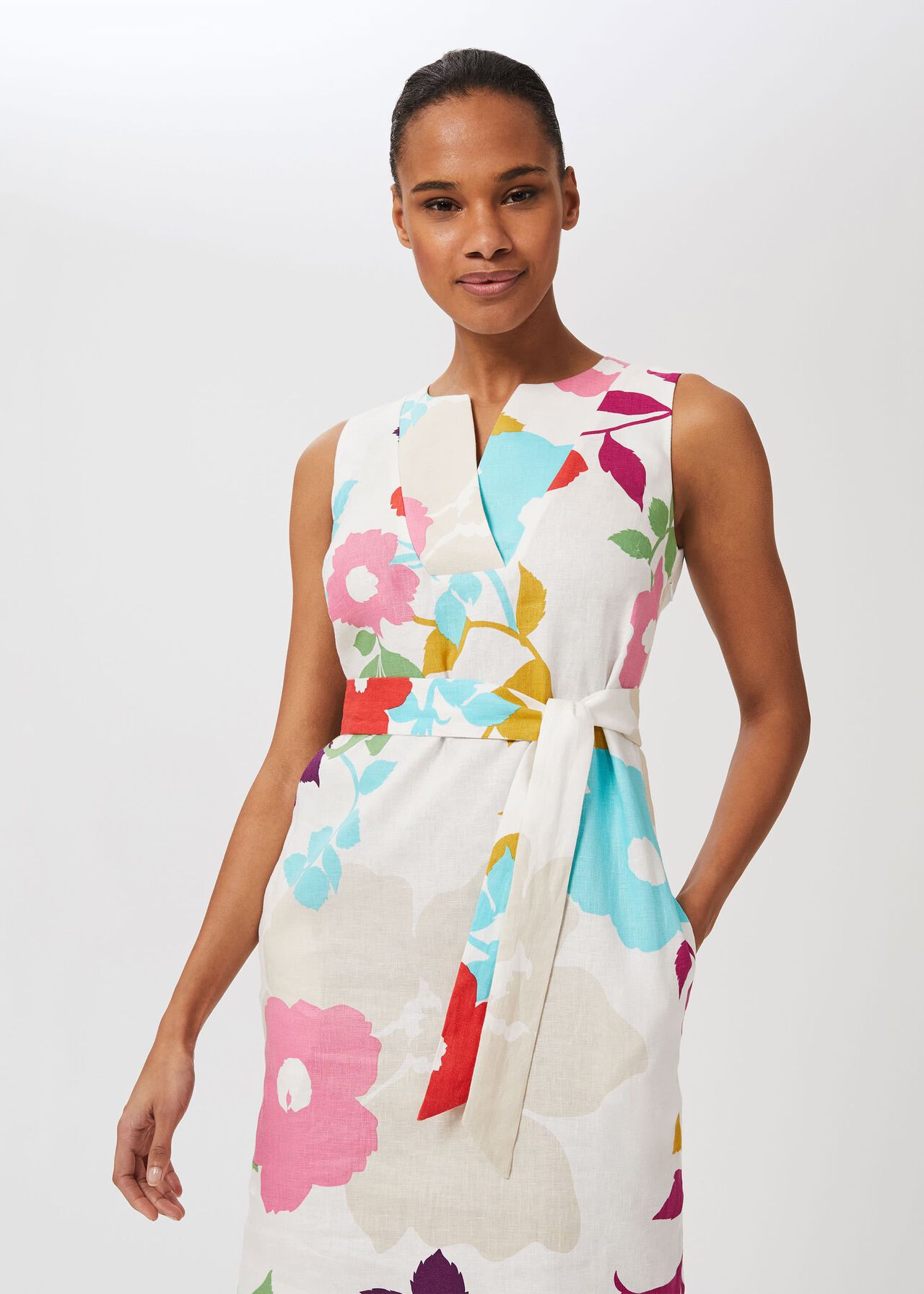 Daria Linen Floral Shift Dress, White Multi, hi-res