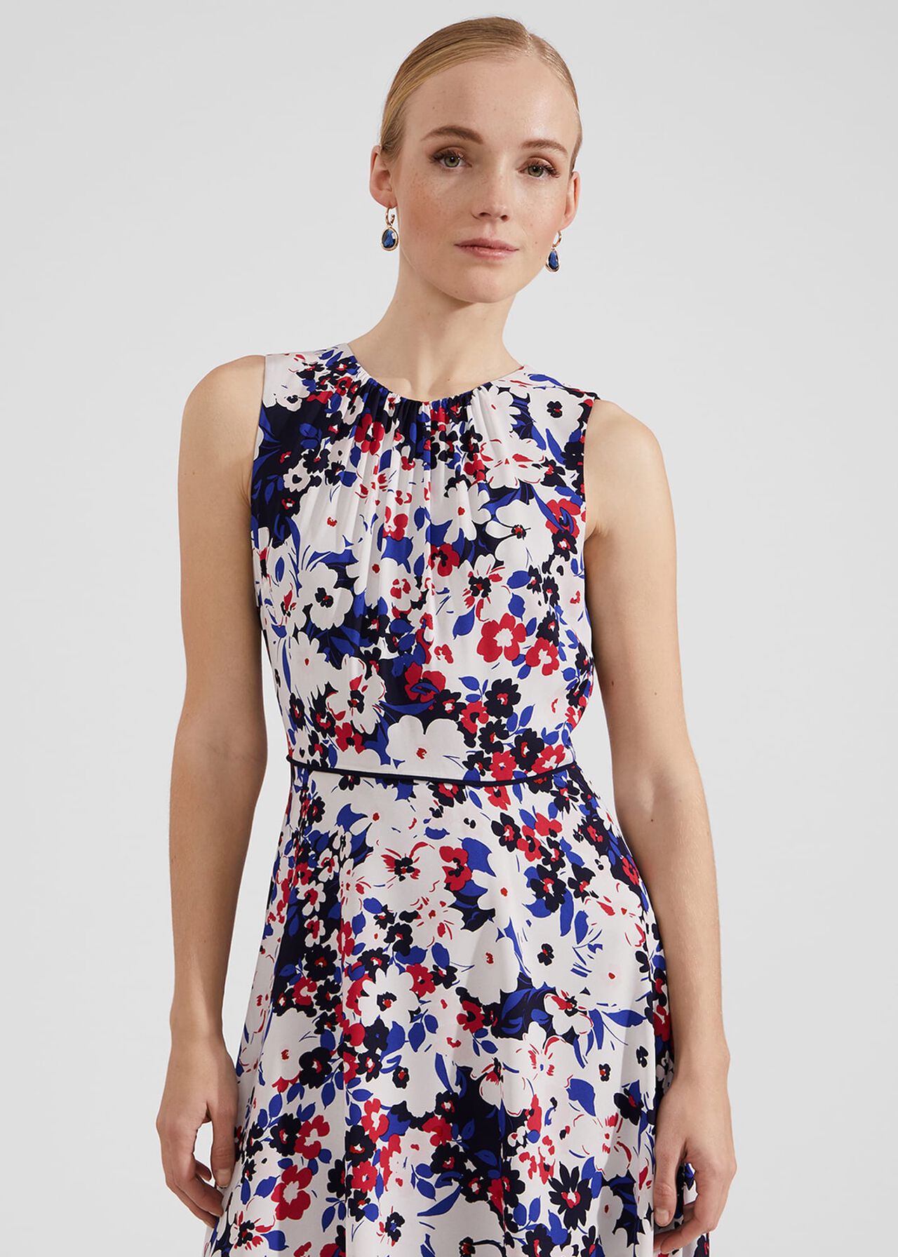 Carly Gathered Neck Floral Dress, Navy Pink Multi, hi-res