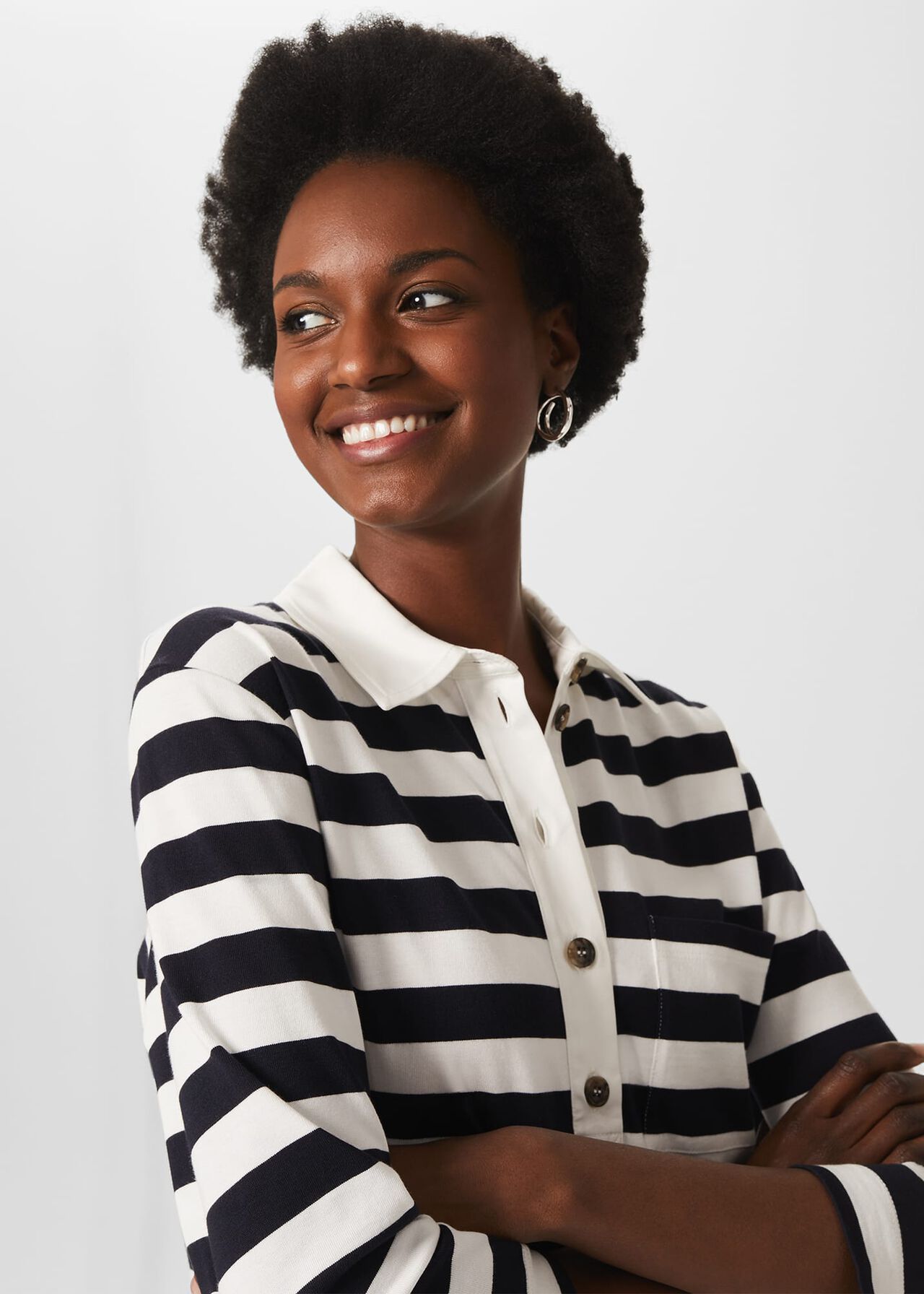 Llilie Cotton Striped Polo Shirt, Ivory Navy, hi-res