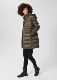 Danika Long Puffer Jacket With Hood, Dark Olive, hi-res