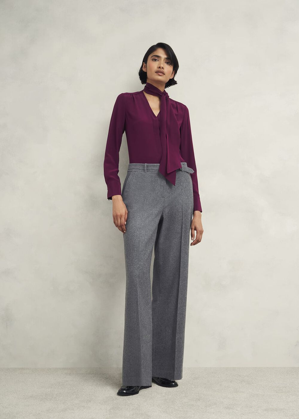 Elsie Wool Blend Wide Trousers, Grey, hi-res