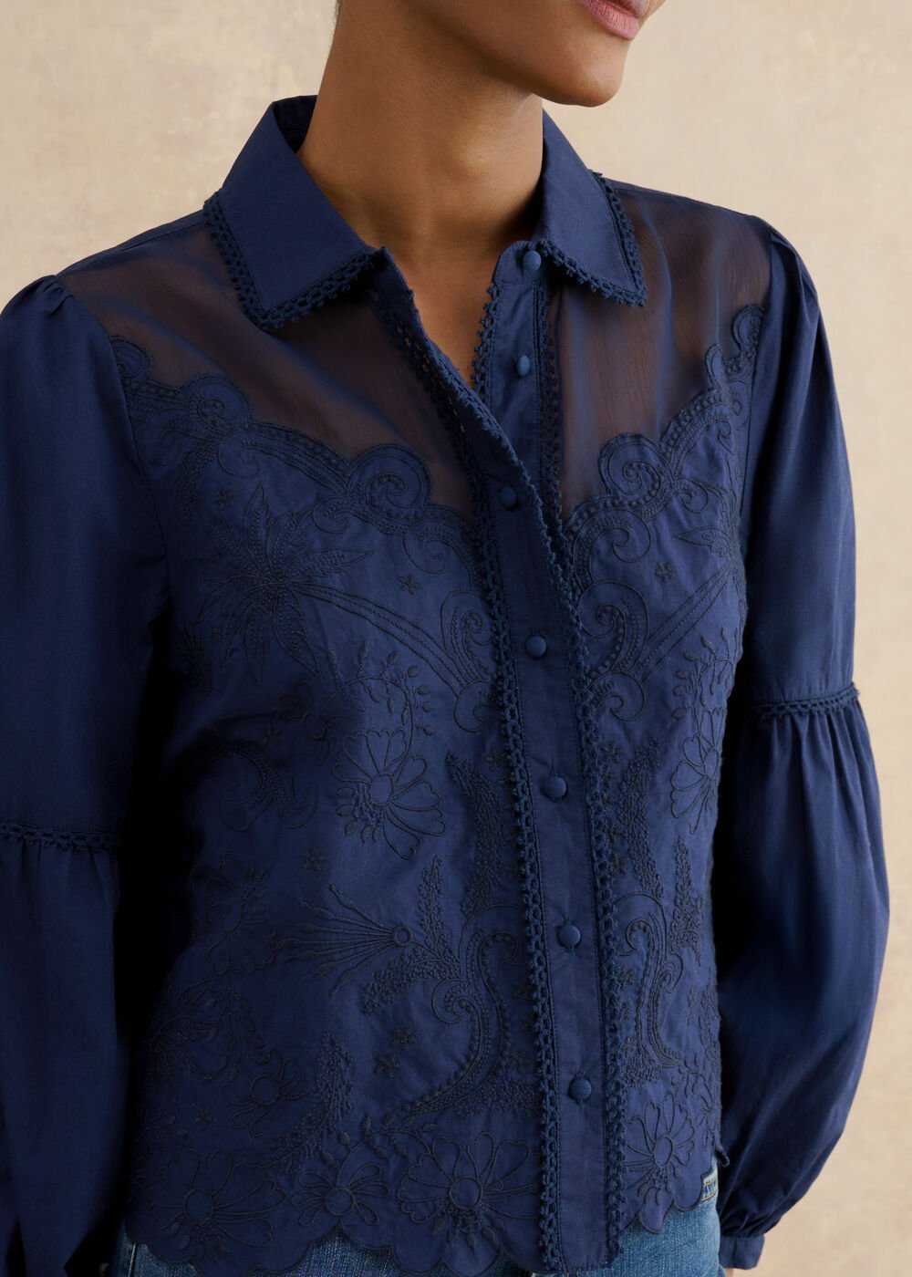 Becky Mixed Media Embroidered Shirt, Midnight Navy, hi-res