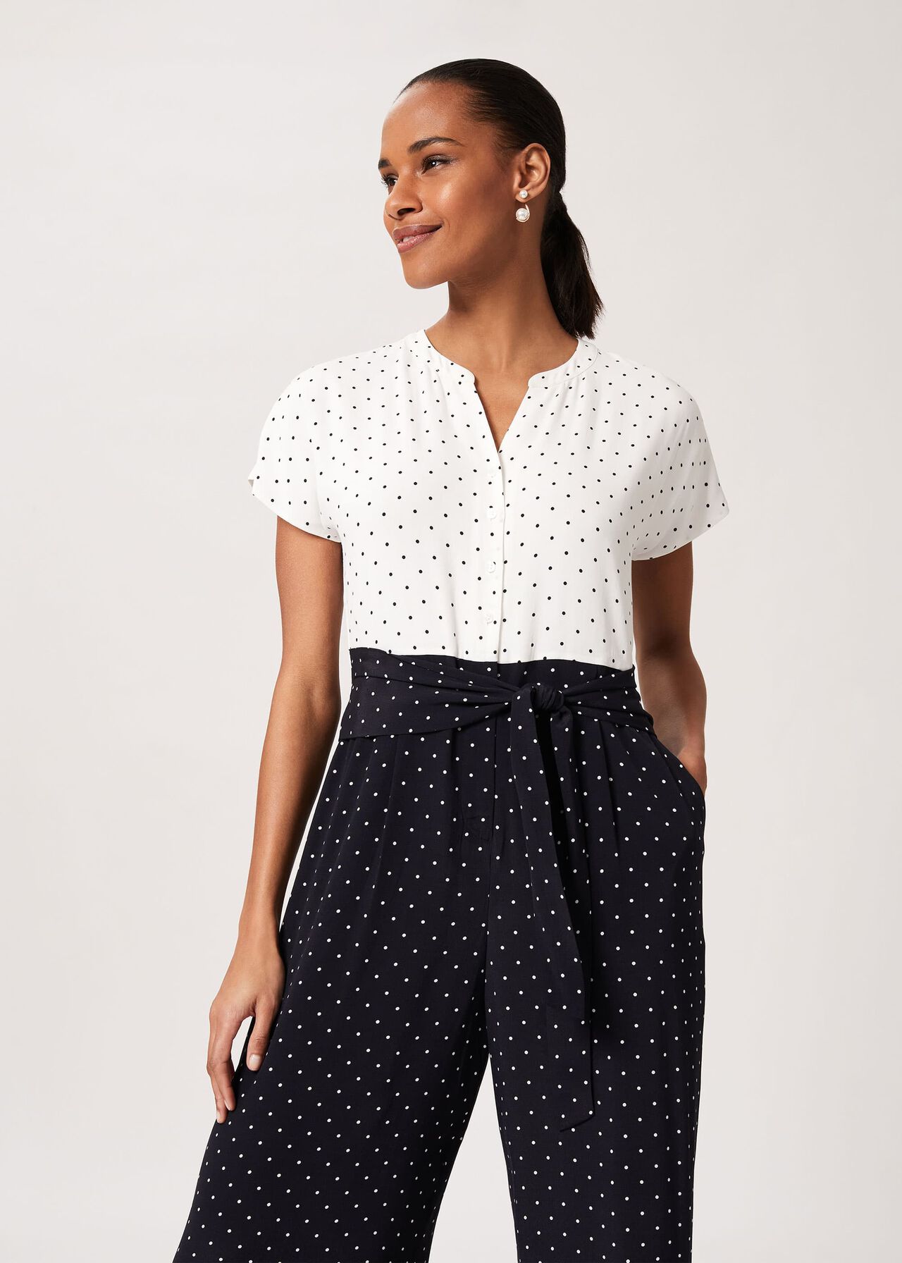 Caitlyn Spot Cropped Jumpsuit, Navy Ivory, hi-res