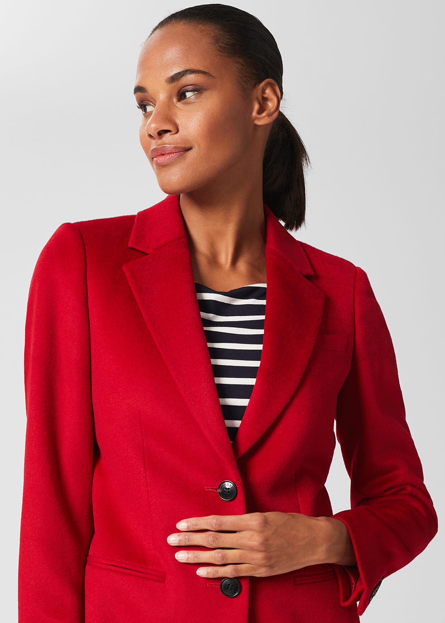 hobbs navy coat with red piping