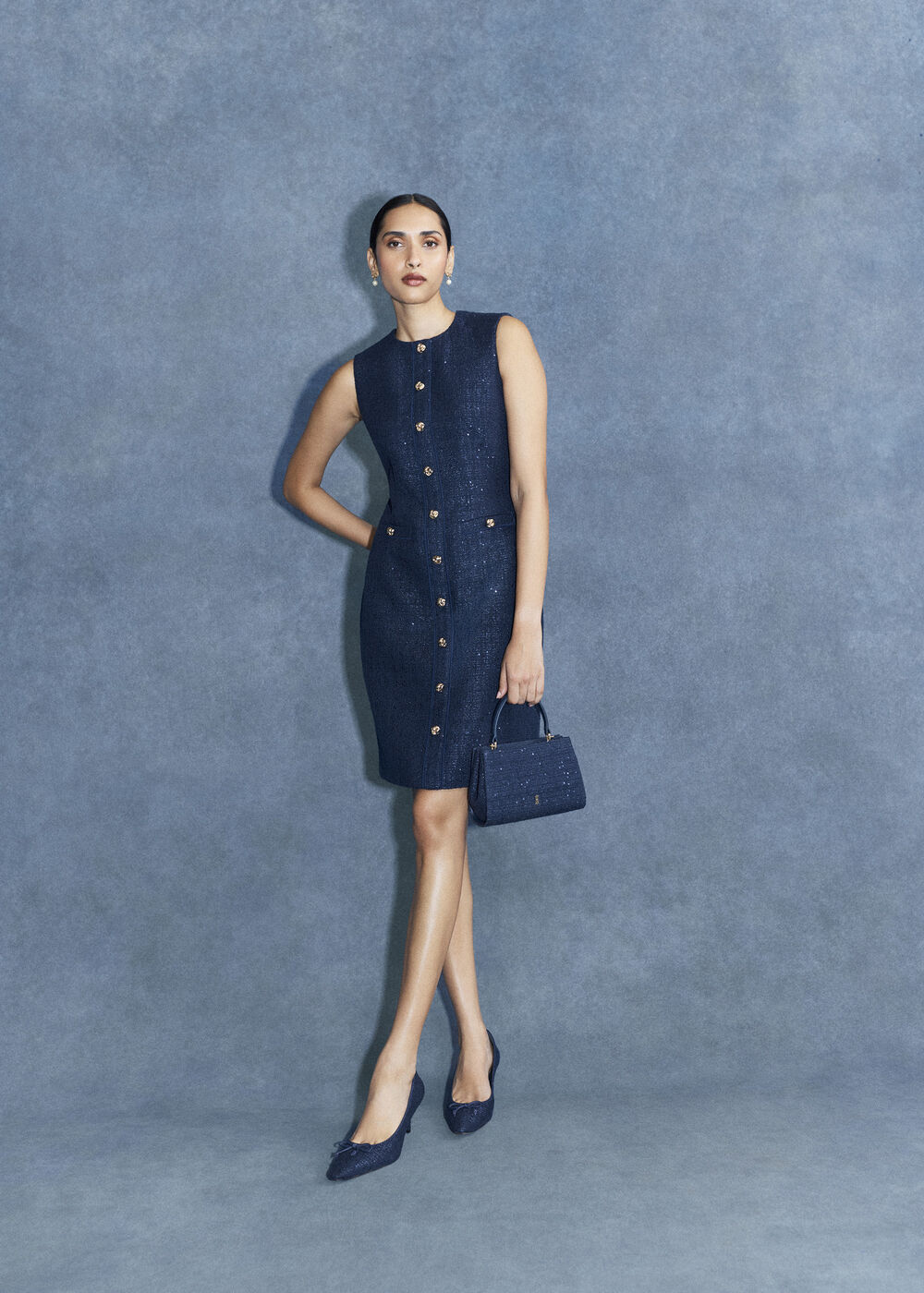Bria Sequin Tweed Button Through Dress