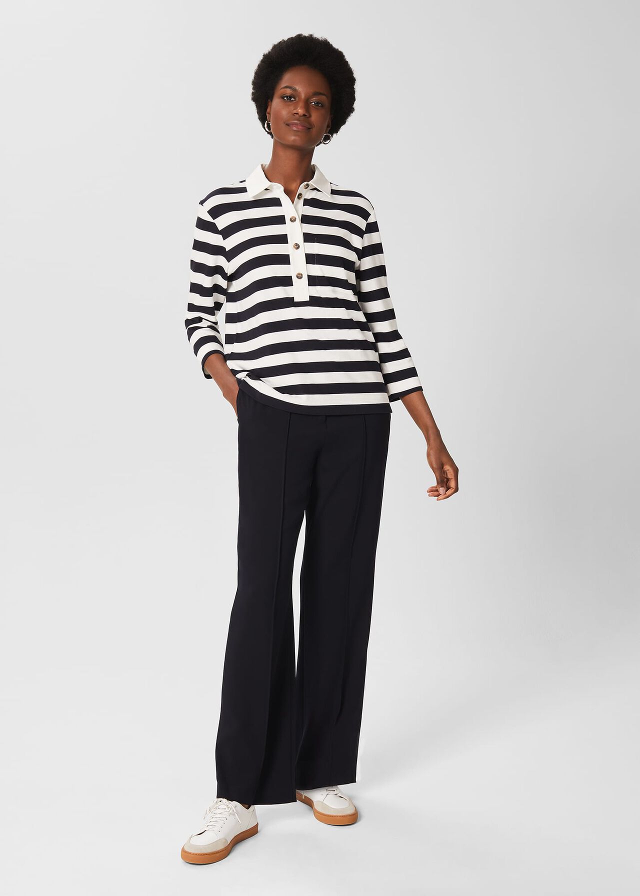Llilie Cotton Striped Polo Shirt, Ivory Navy, hi-res