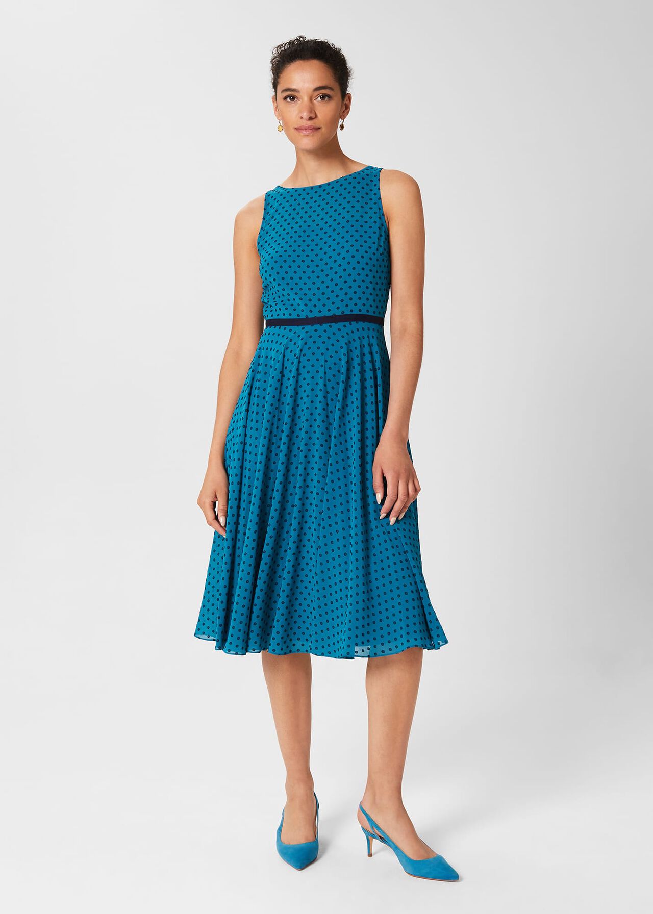 Della Spot Fit And Flare Dress, Jade Blue Navy, hi-res