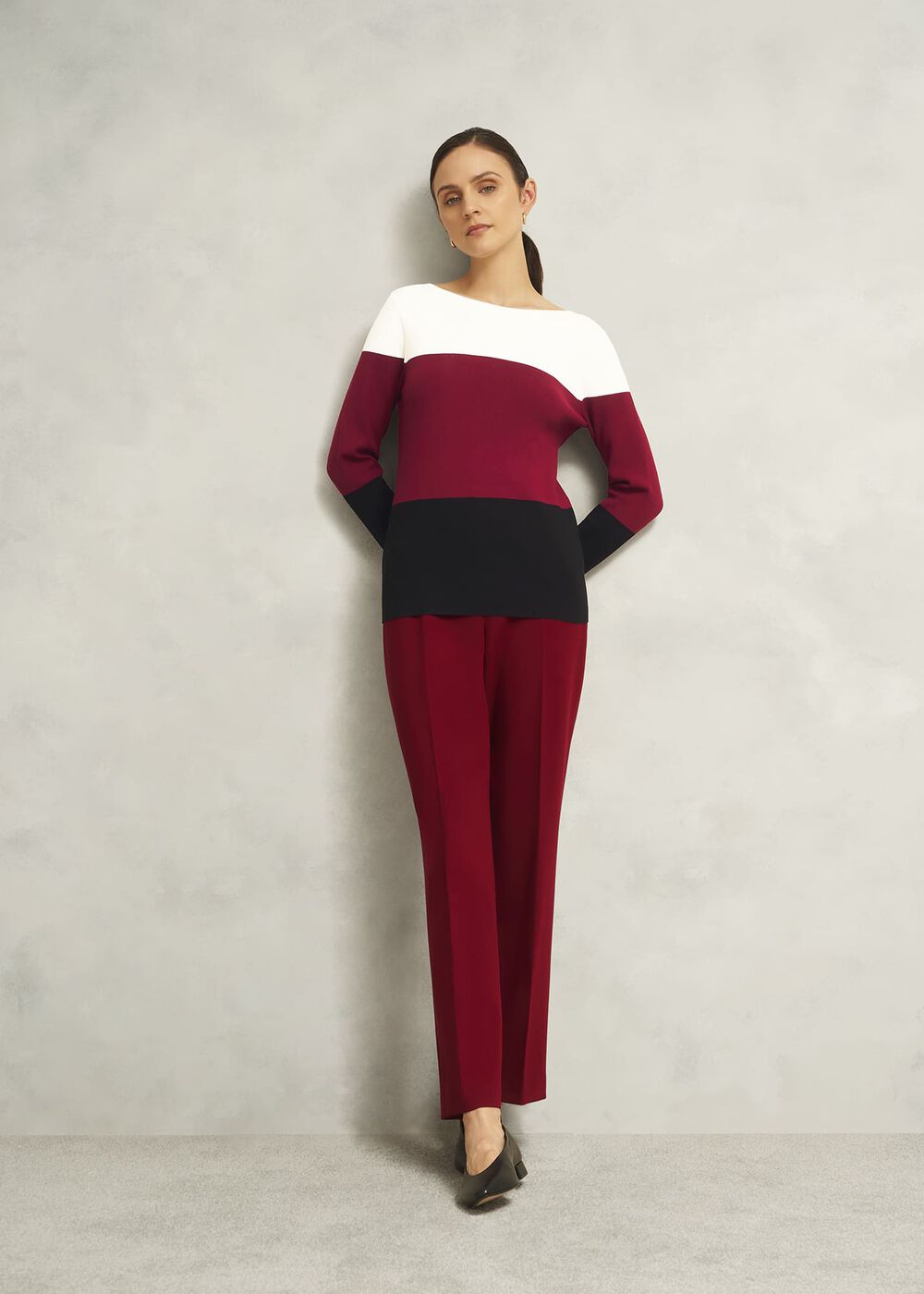 Burgundy Alice Colour Block Crew Neck Knitted Sweater, Beryl Black, hi-res