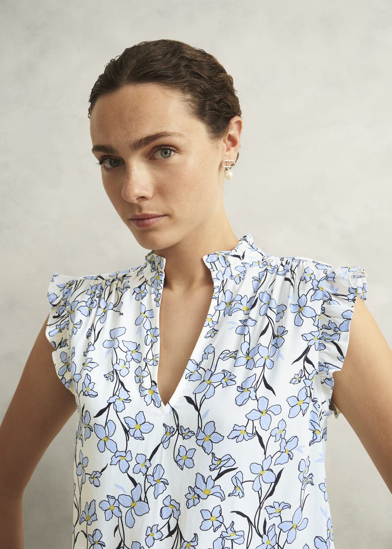 Ivory Floral Jules Top with Frill Sleeve, Ivory Blue, hi-res