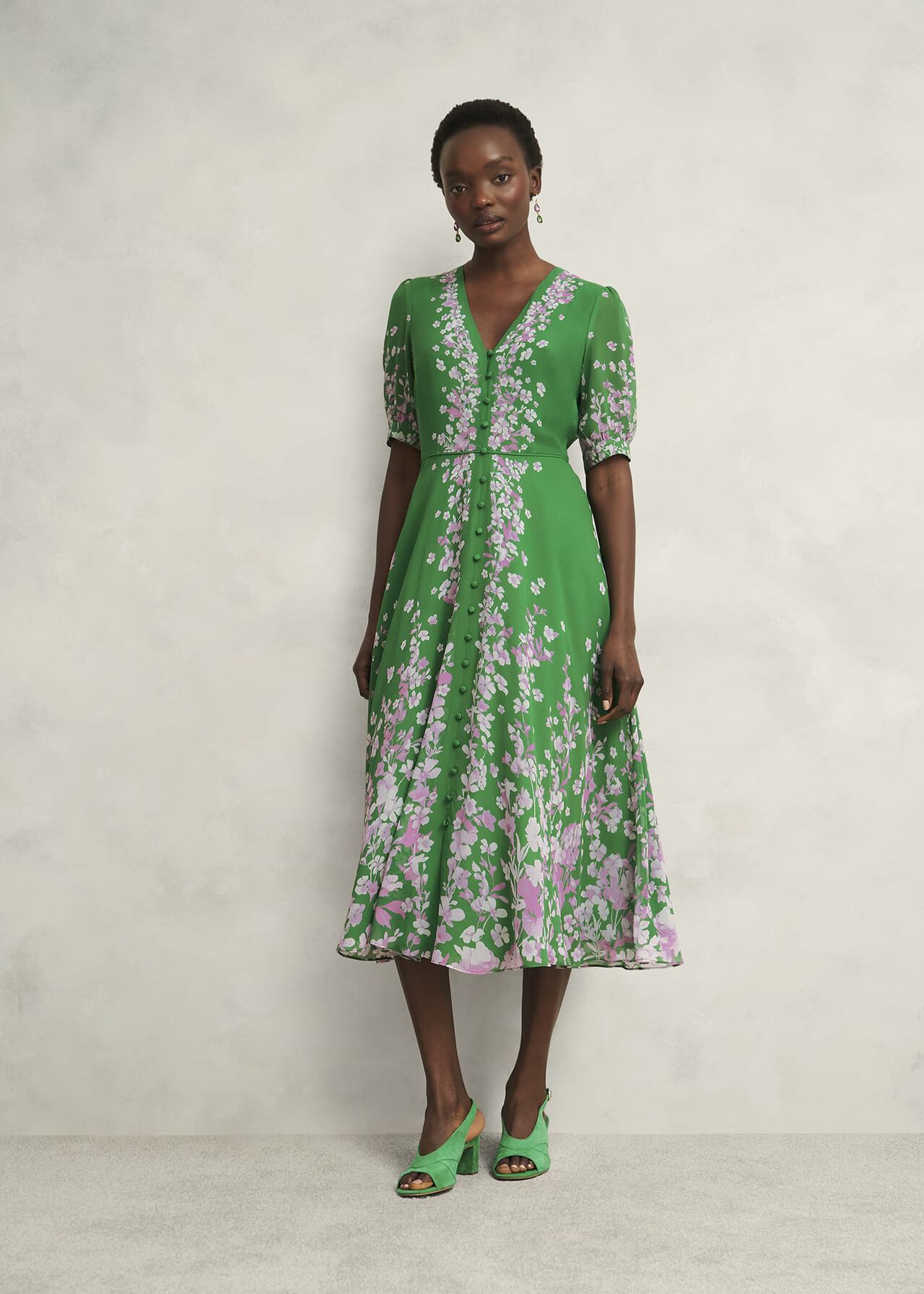 Petite Ana Silk Floral Dress, Green Pink, hi-res