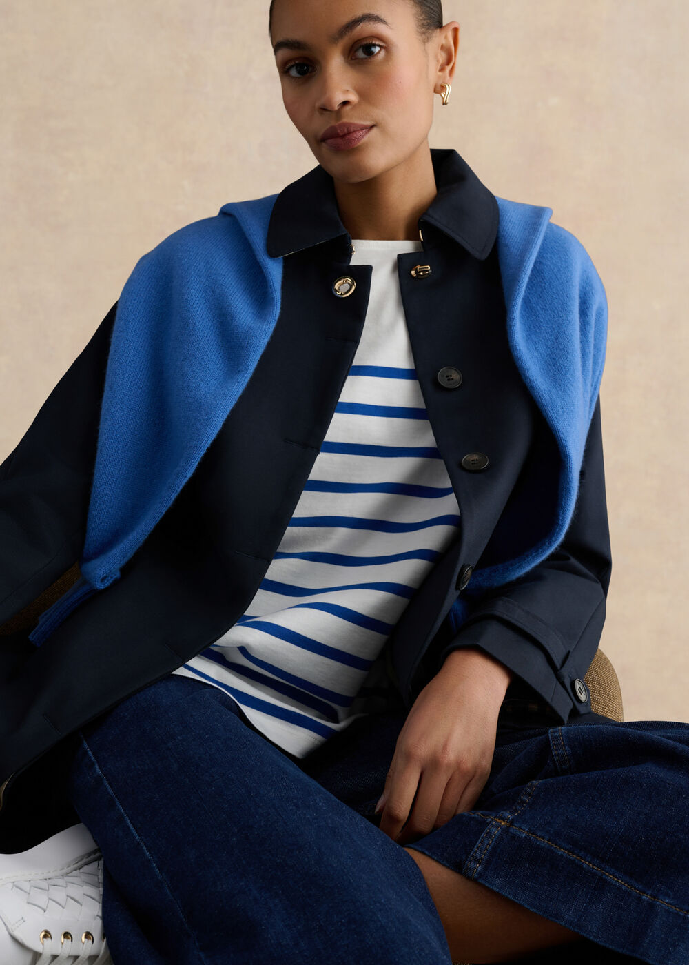 Sian Striped Long Sleeve Cotton Top, Ivory Blue, hi-res