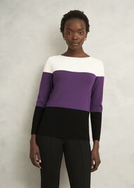 Alice Colour Block Crew Neck Knitted Jumper, Fig Purple, hi-res