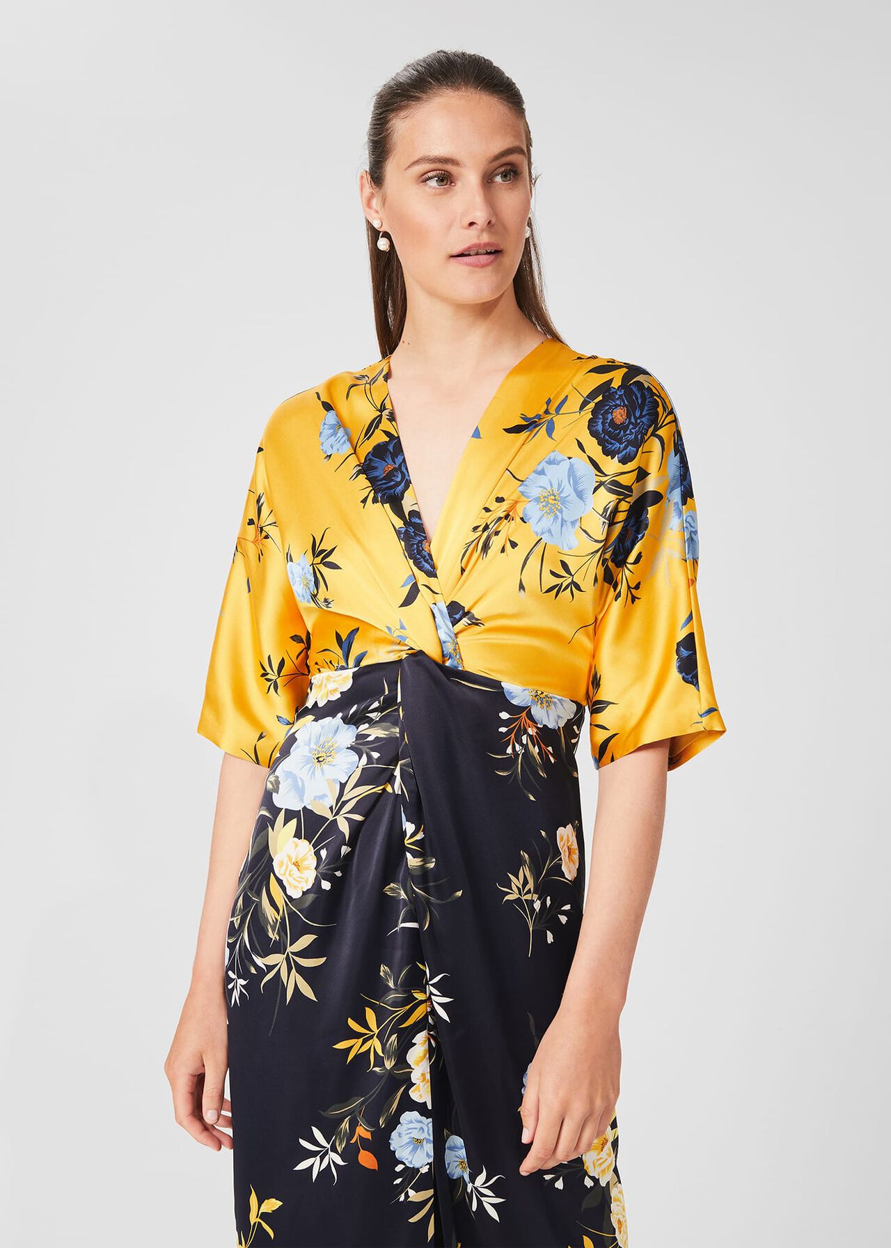 Farrah Satin Floral Midi Dress, Navy Yellow, hi-res