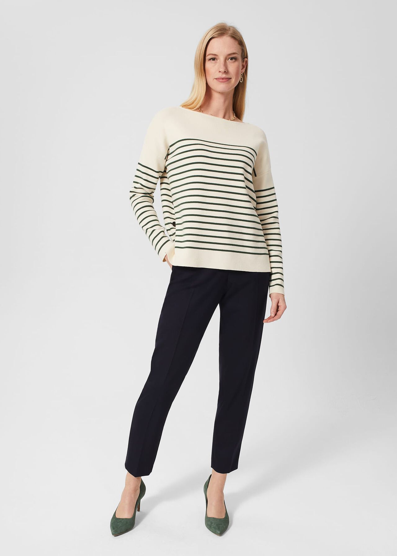 Scarlett Cotton Stripe Jumper, Cream Green, hi-res