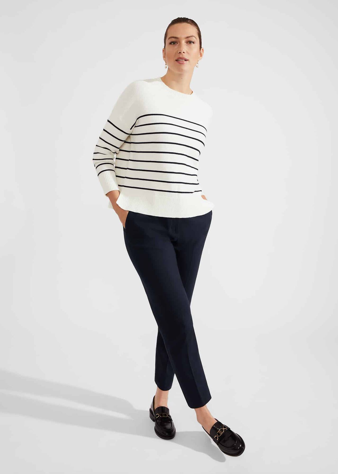 Ruby Cotton Button Sweater, Ivory Navy, hi-res