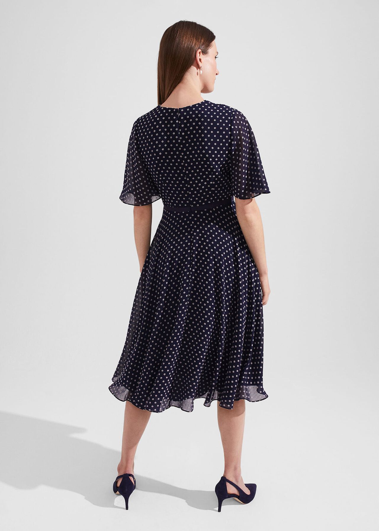 Petite Celia Spot Fit And Flare Dress, Navy Pale Pink, hi-res
