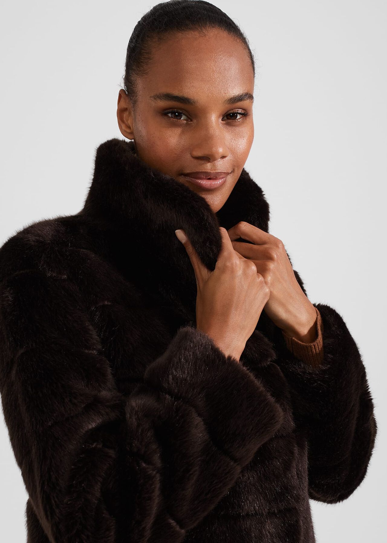 Ros Faux Fur Coat, Chocolate, hi-res