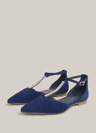 Eden Jewelled Suede Flats, Midnight Navy, hi-res