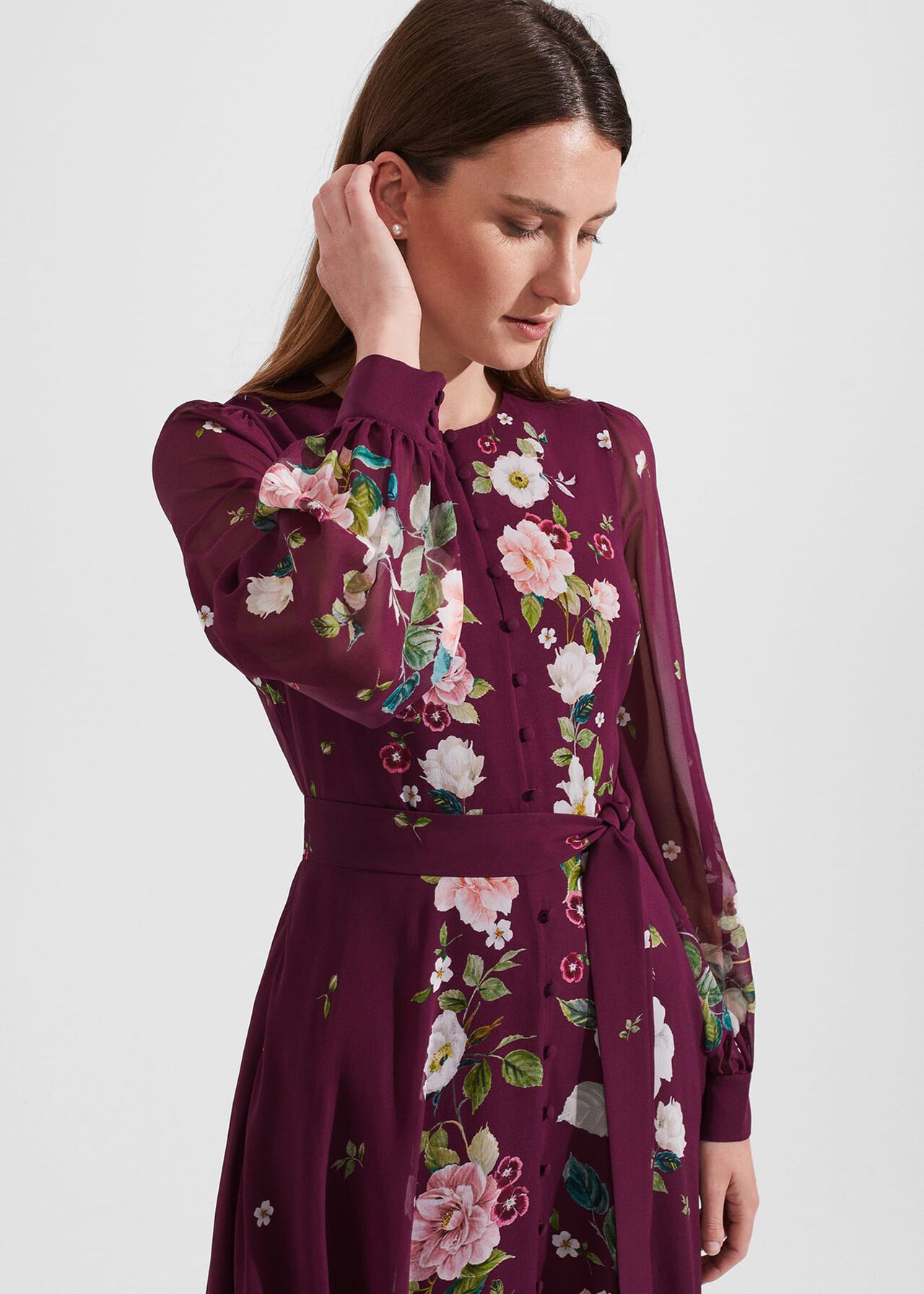 Maribella Silk Floral Dress, Burgundy Multi, hi-res