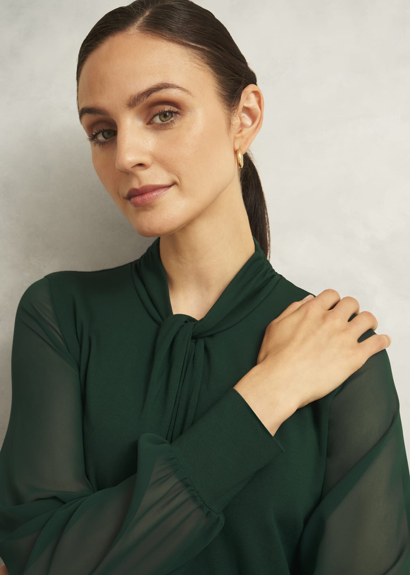 Green Ashley Twist Neck Sheer Long Sleeve Top | Hobbs US |