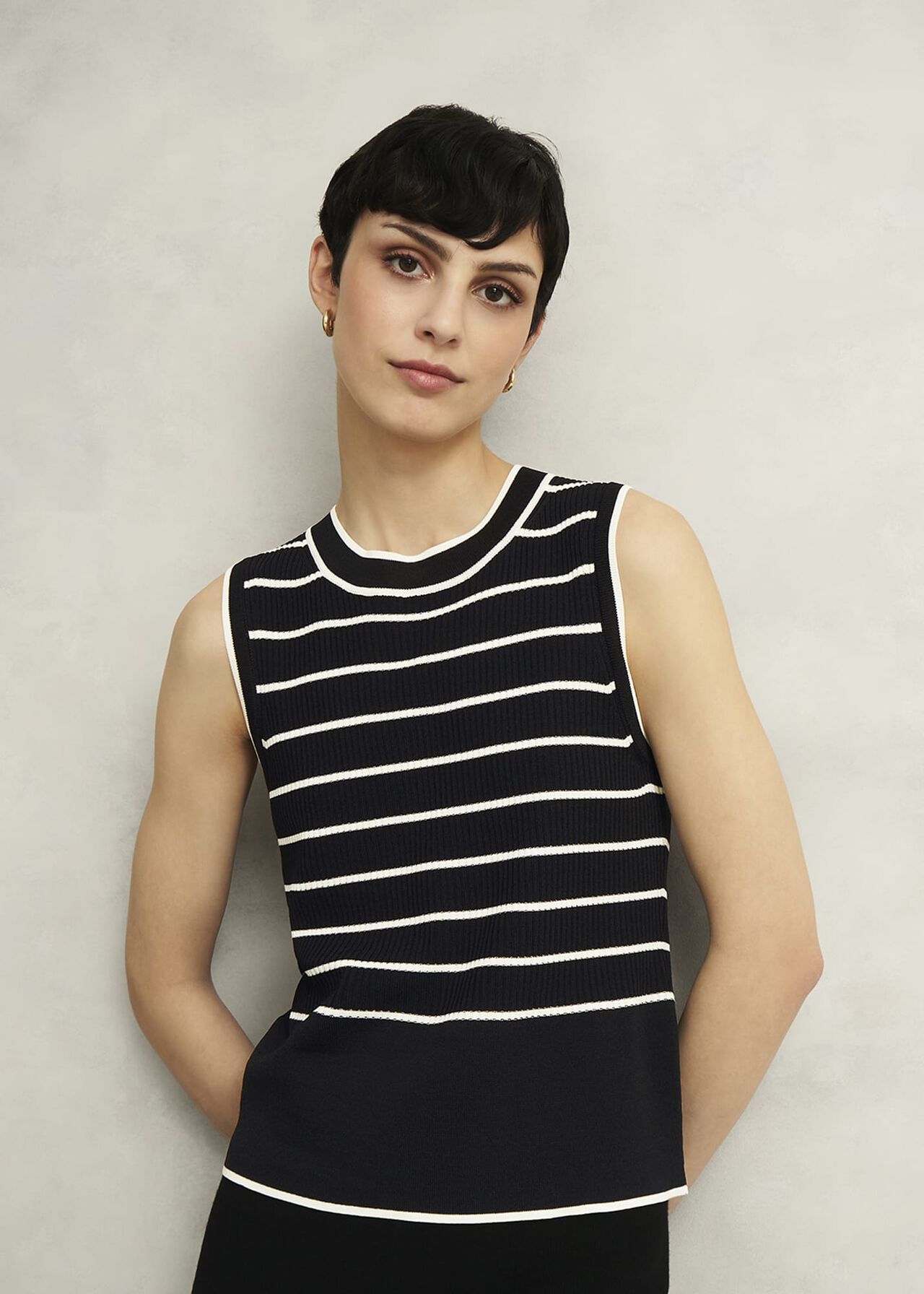 Navy Belmont Striped Knitted Vest Top, Black Cream, hi-res