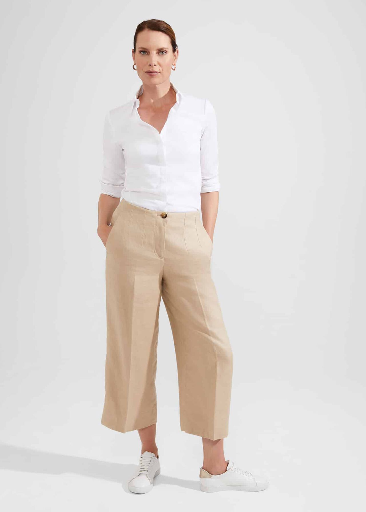 Dora Linen Crop Trouser, Sand, hi-res
