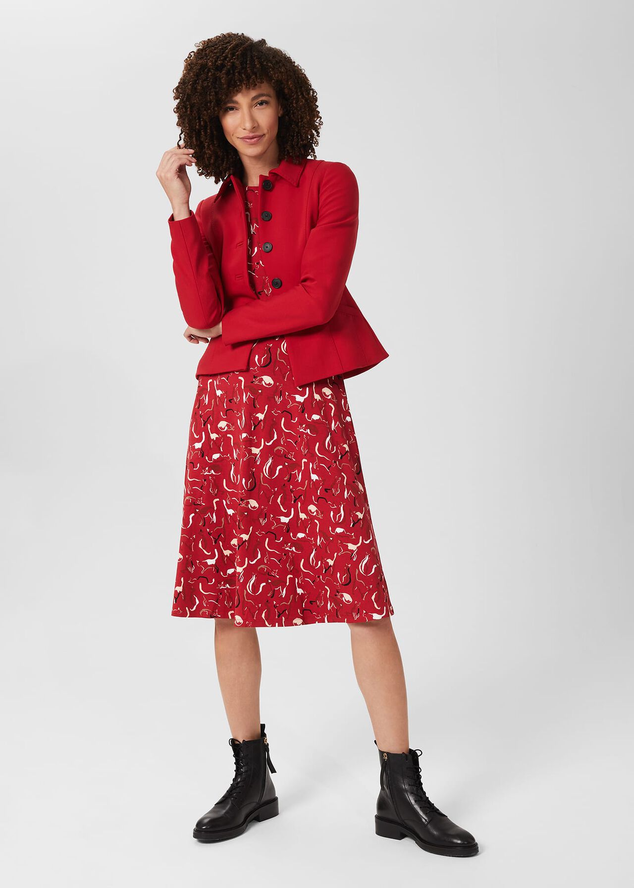 Fara Jersey Mid Length Dress, Berry Red Multi, hi-res