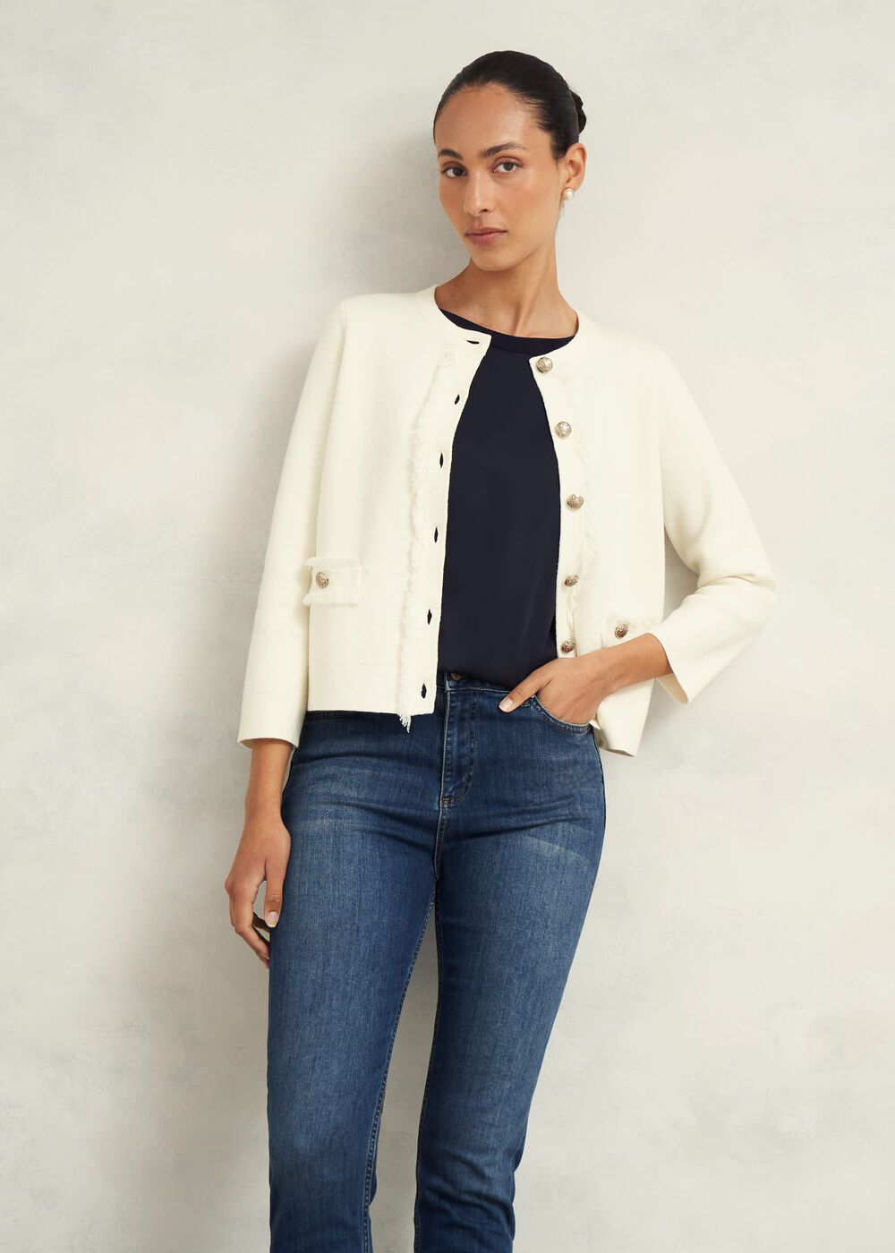 Sairey Cotton Wool Knitted Jacket, Warm Ivory, hi-res