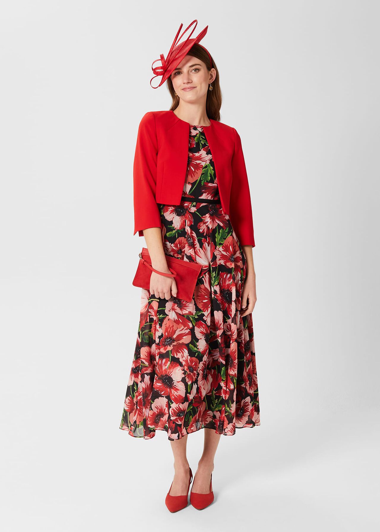 Carly Floral Midi Dress, Red Multi, hi-res