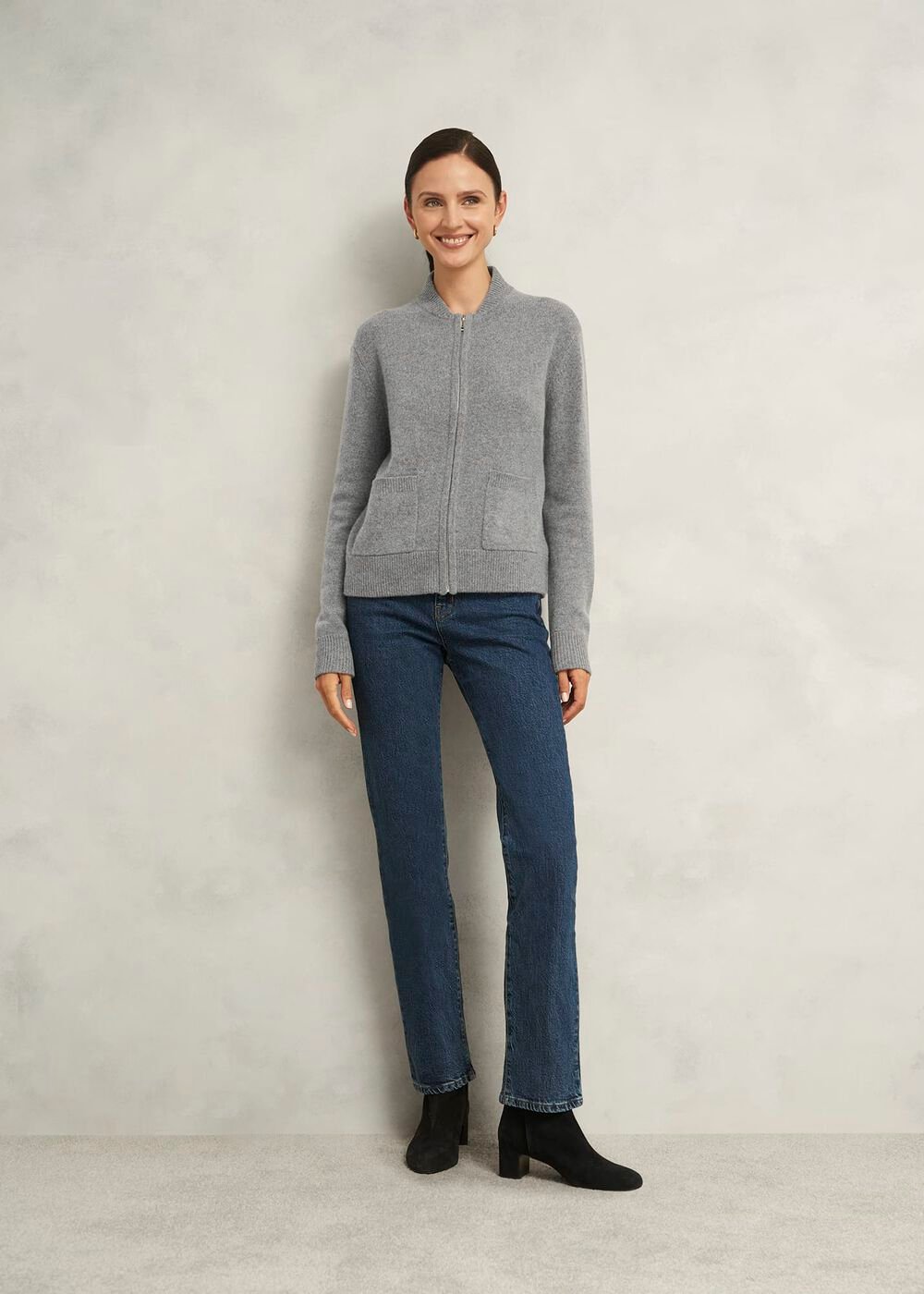 Grey Bonnie Wool Blend Knitted Bomber Jacket, Mid Grey Marl, hi-res