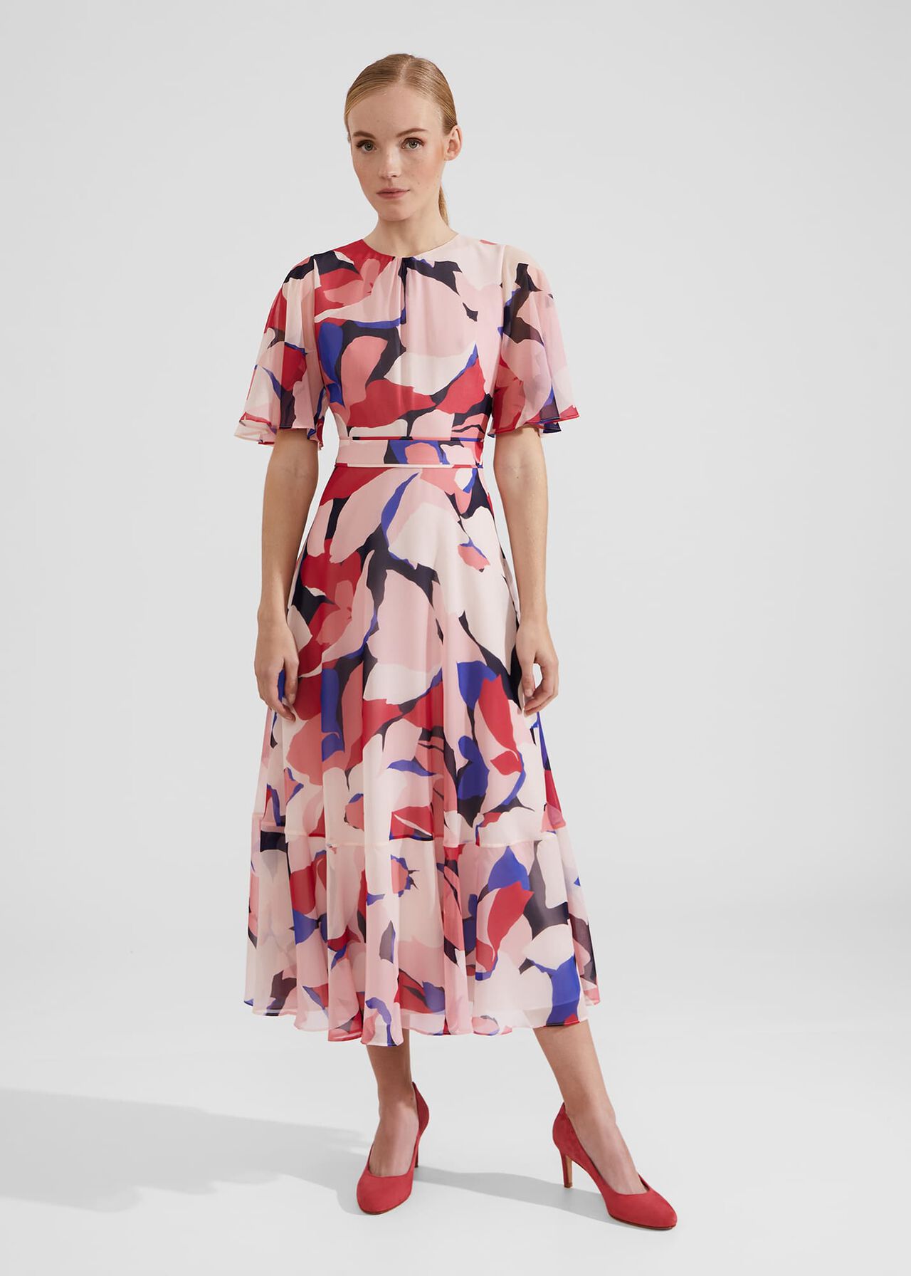 Petite Freya Silk Midi Dress, Navy Pink Multi, hi-res