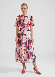 Petite Freya Silk Midi Dress, Navy Pink Multi, hi-res