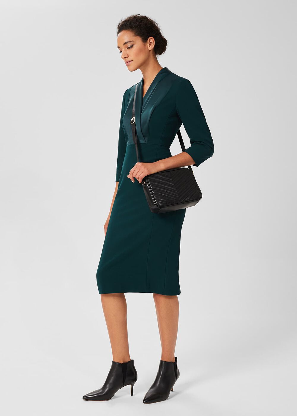 Alisa  3/4 Sleeve A-Line Dress , Dark Green, hi-res