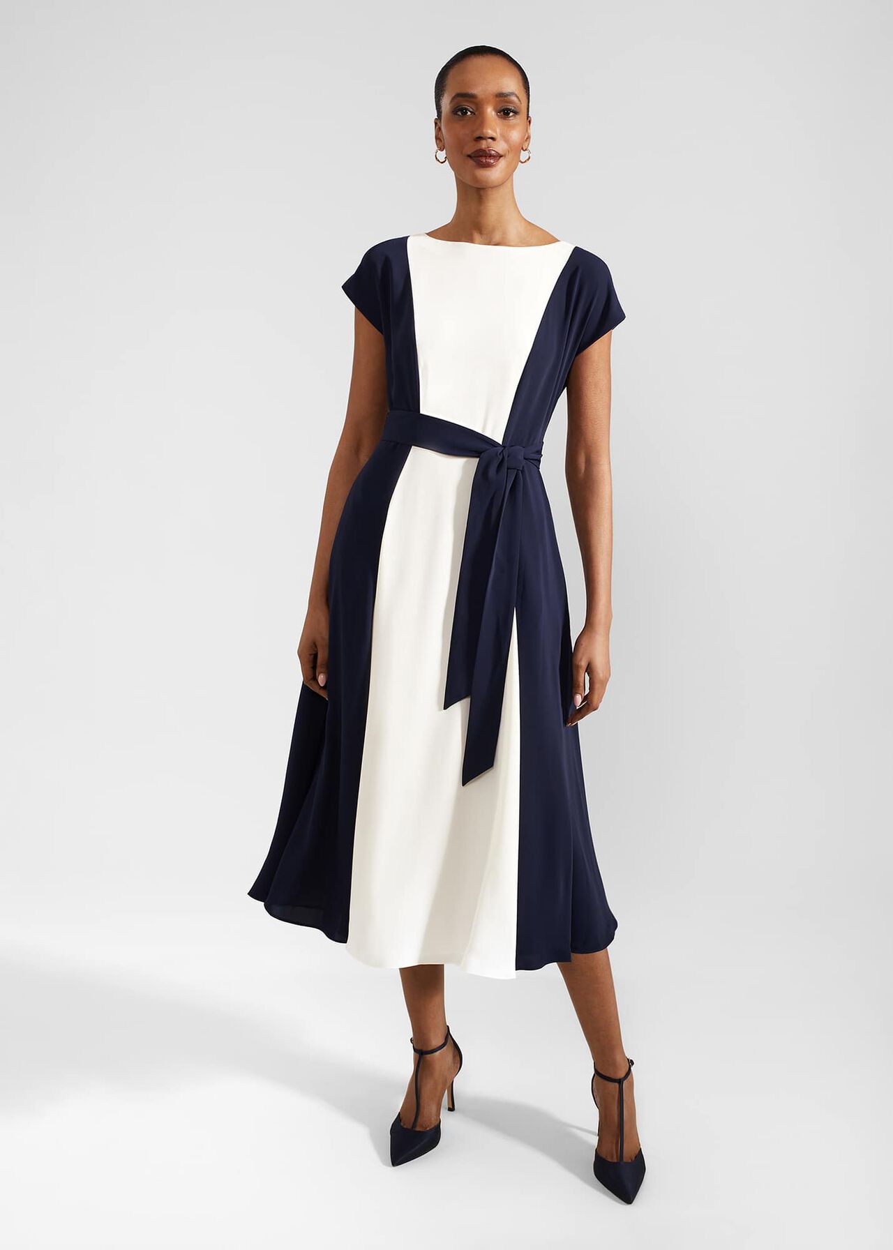 Emery Tie Belted Midi Dress, Navy Cream, hi-res