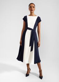 Emery Tie Belted Midi Dress, Navy Cream, hi-res