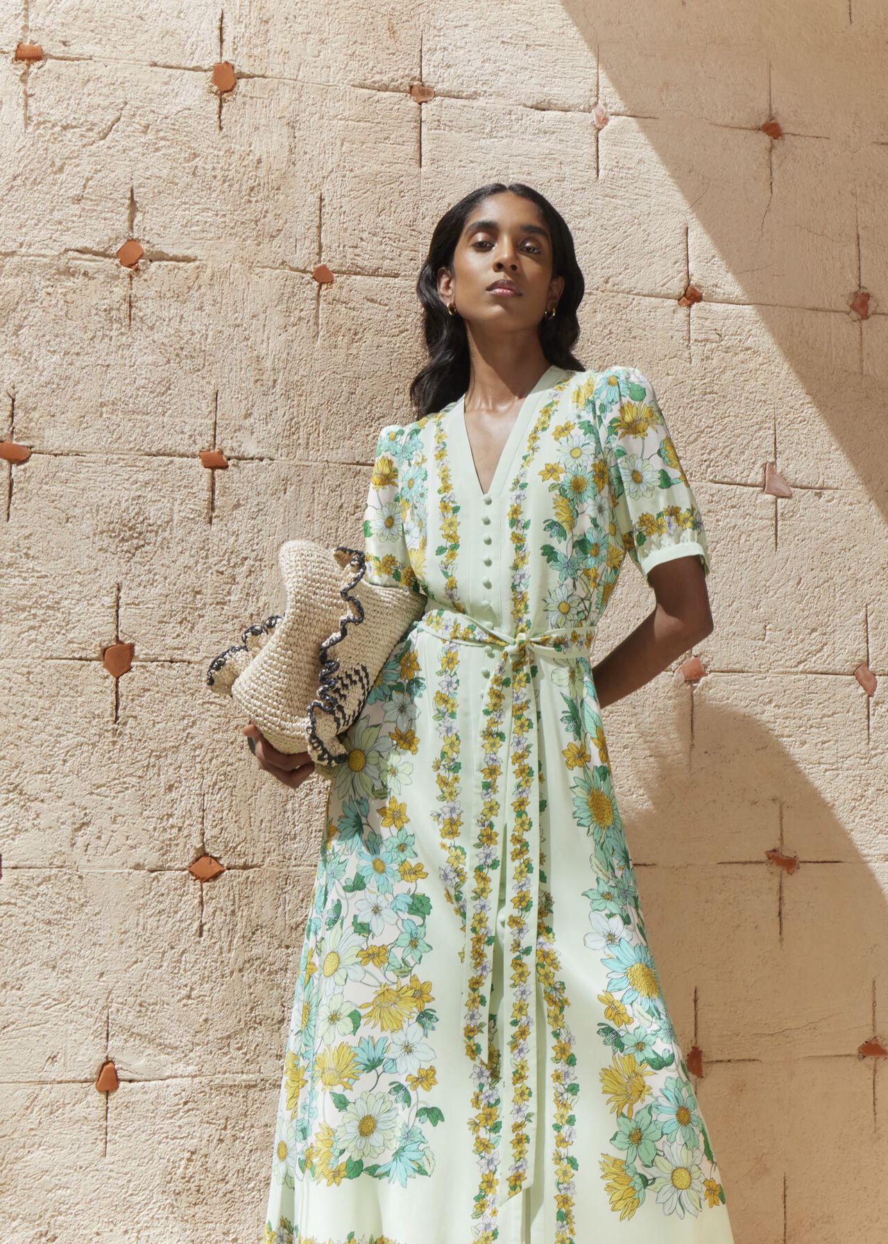 Ince Silk V Neck Floral Dress, Green Multi, hi-res