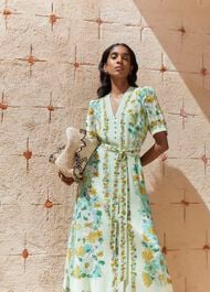 Ince Silk V Neck Floral Dress, Green Multi, hi-res