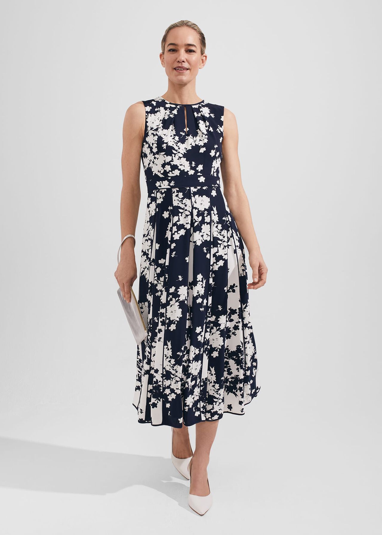 Angelica Floral Pleated Dress, Midnight Ivory, hi-res