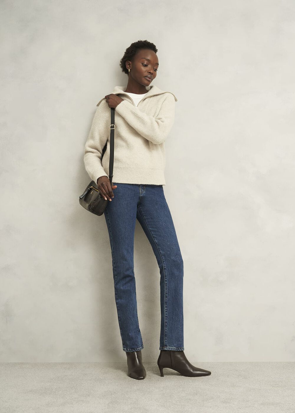 Sandy Zip Roll Neck Knitted Jumper, Oatmeal Marl, hi-res