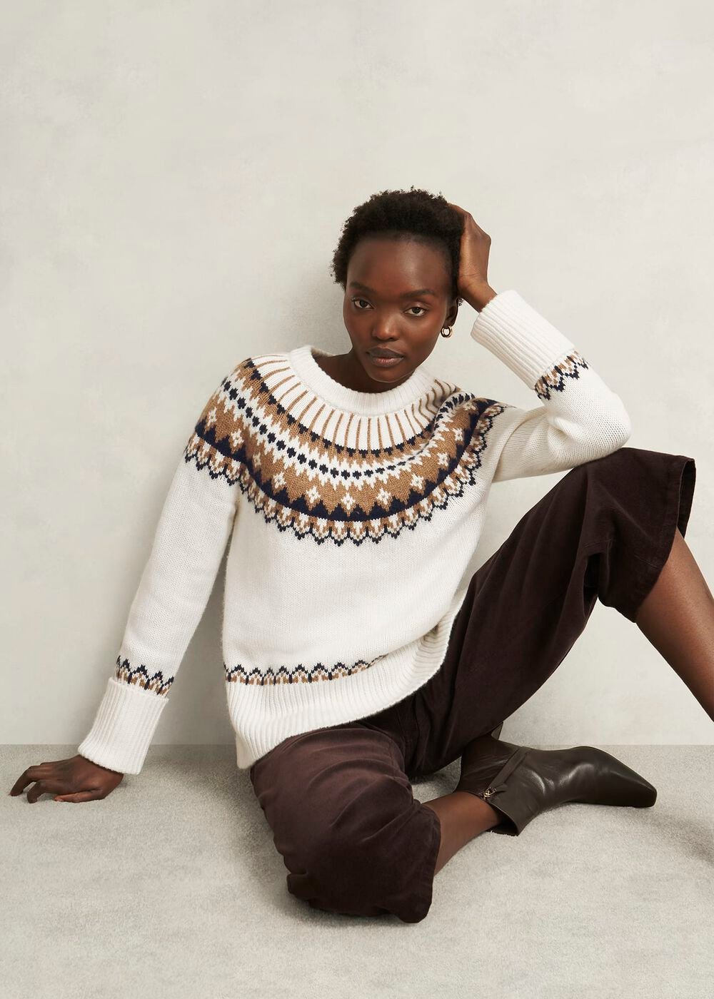 Anya Fairisle Chunky Crew Jumper, Ivory Camel, hi-res