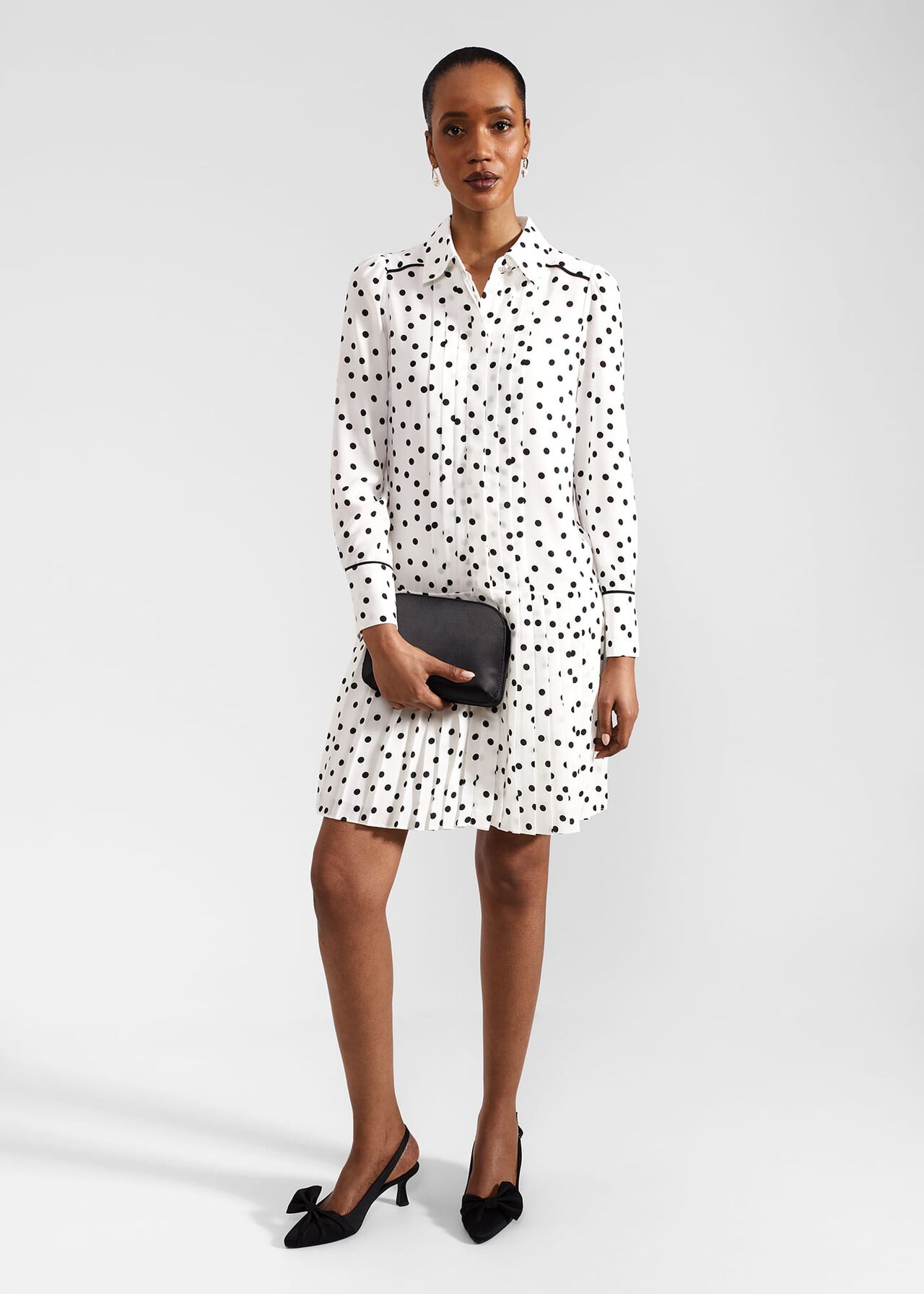 Francesca Spot Pleated Dress, Ivory Black, hi-res