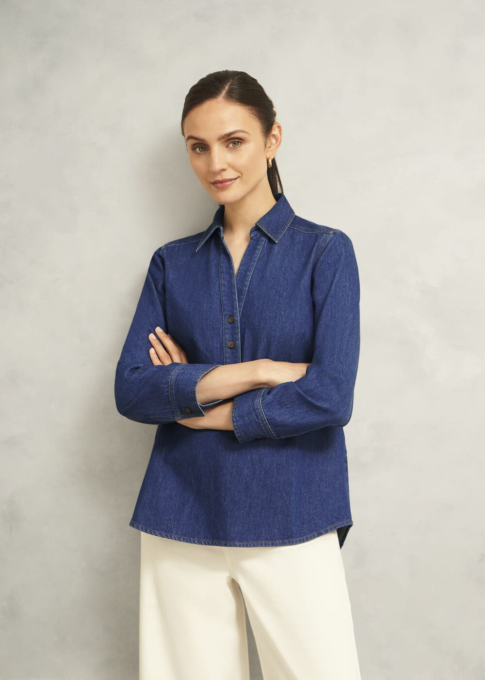 Elena Denim Blouse, Mid Wash Blue, hi-res