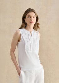 Millie Cotton Sleeveless Broderie Tank, White, hi-res