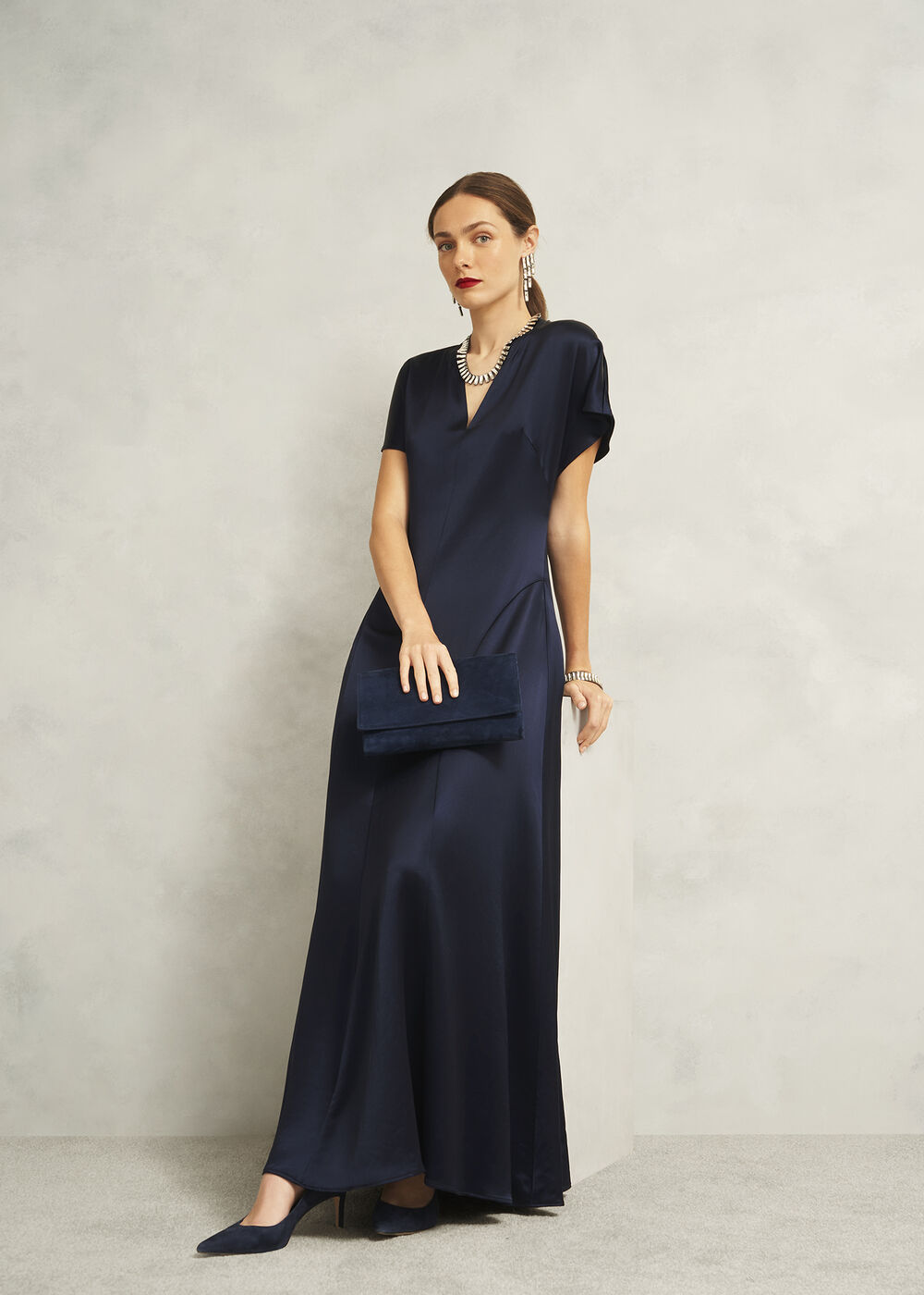 Grace Satin V Neck Maxi Dress, Midnight Navy, hi-res