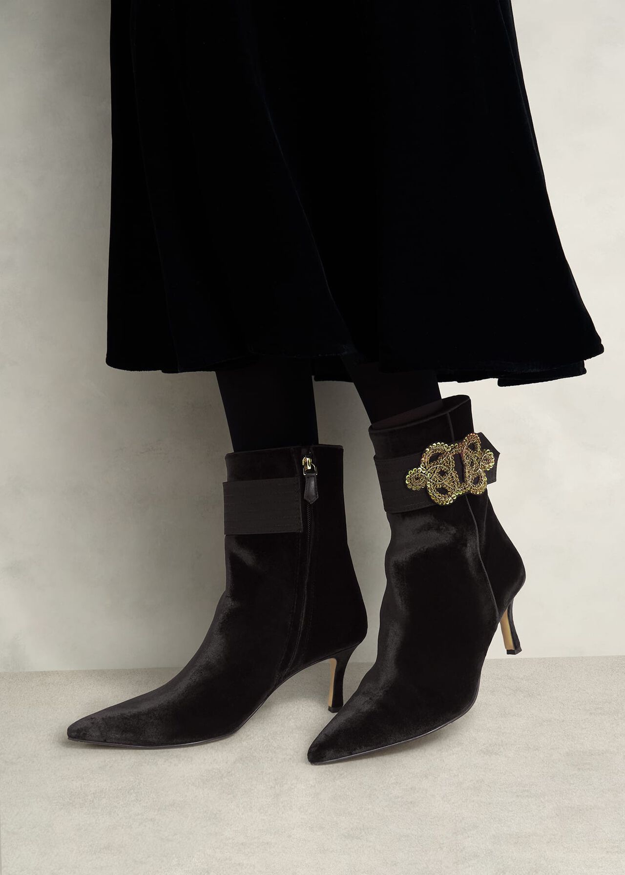 Keston Embellished Velvet Ankle Boots, Black, hi-res