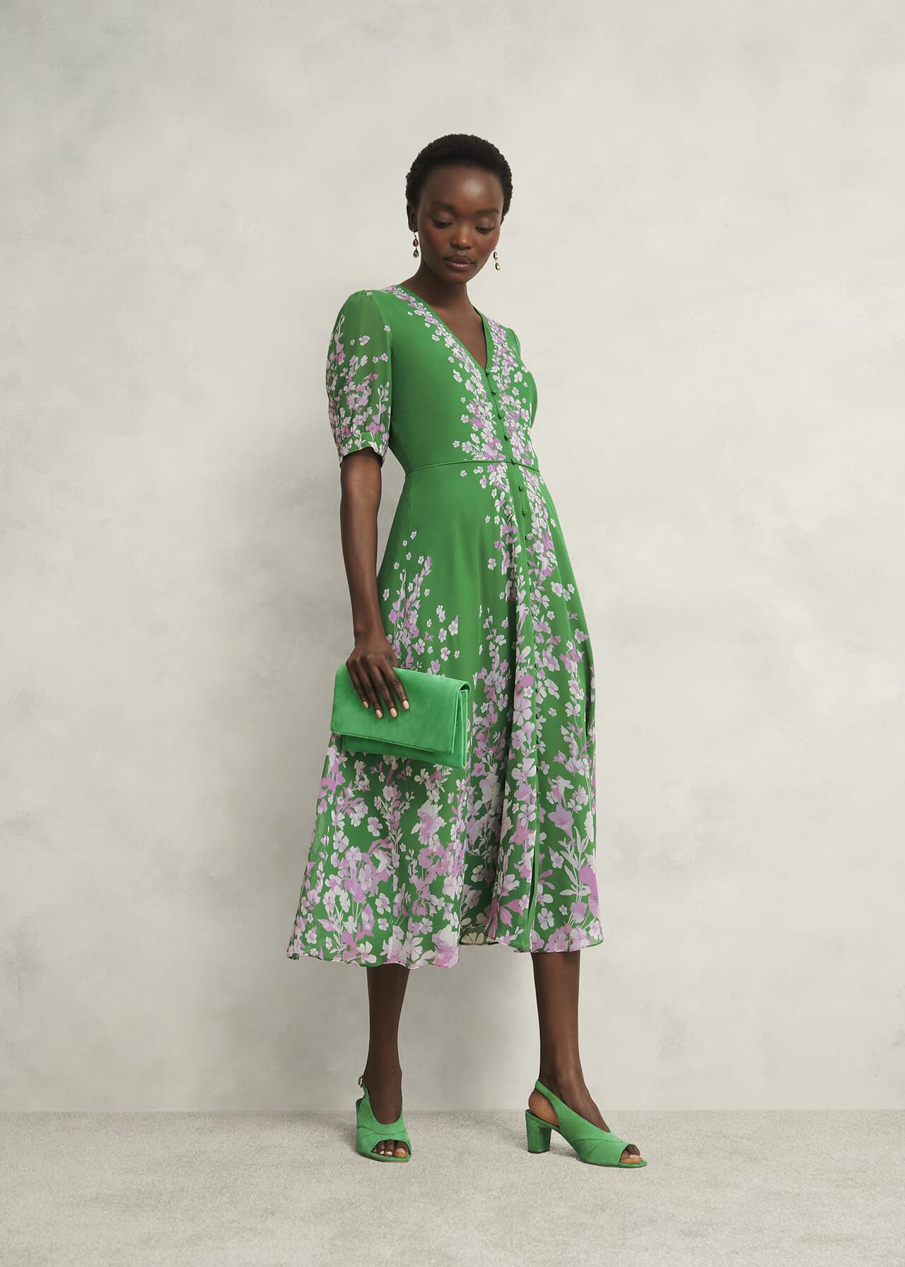 Petite Ana Silk Floral Dress, Green Pink, hi-res