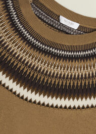 Camel Greta Wool Blend Fairisle Crew Neck Knitted Jumper, Camel Marl, hi-res