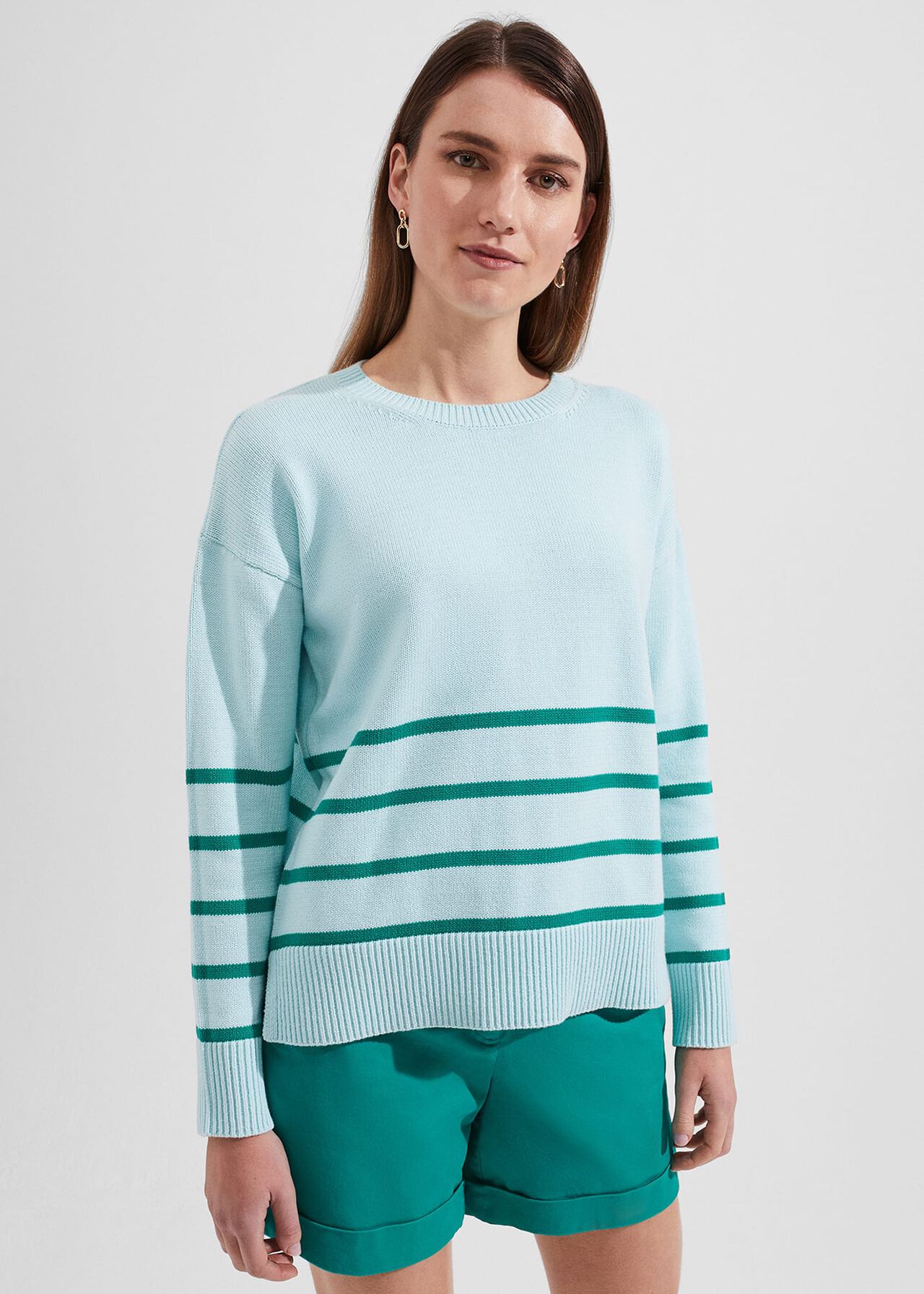 Lilia Cotton Stripe Sweater, Blue Aruba, hi-res